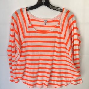 Splendid White Orange Striped Thermal Long Sleeve Loose Fit Top Shirt Bl…